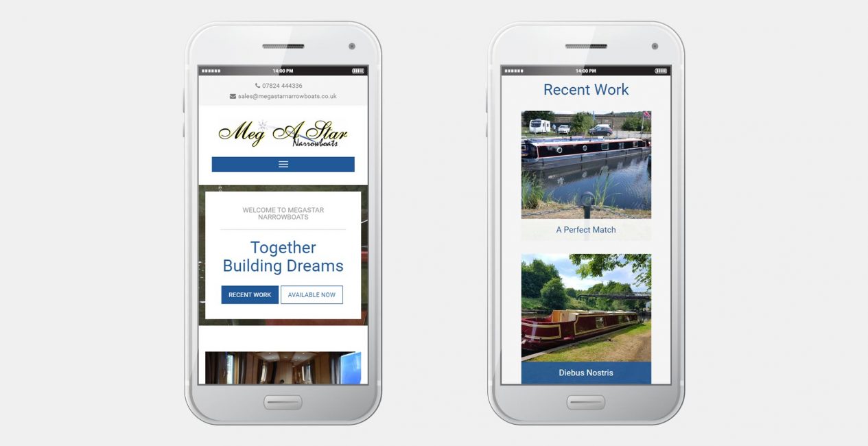The MegAStar Narrowboats website displayed on a smartphone.